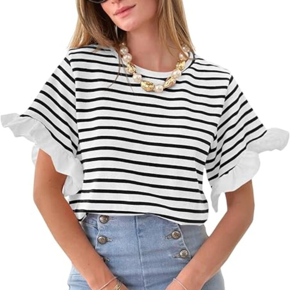 Women Striped Tops Ruffle Sleeve Casual Basic T Shirts Crewneck Short Sleeve Shi